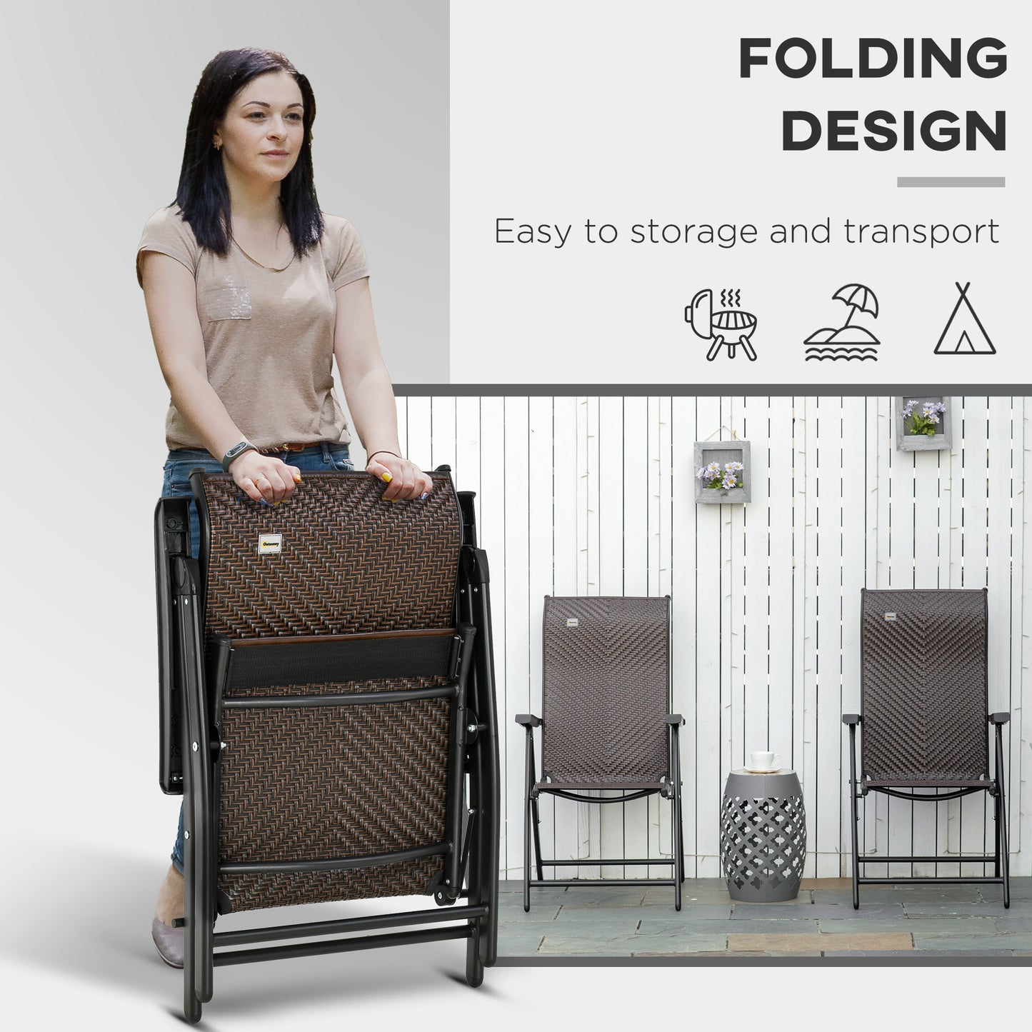 Noka Set Of 2 Metal Brown Folding Garden Chairs With 7 Position Reclining Backs