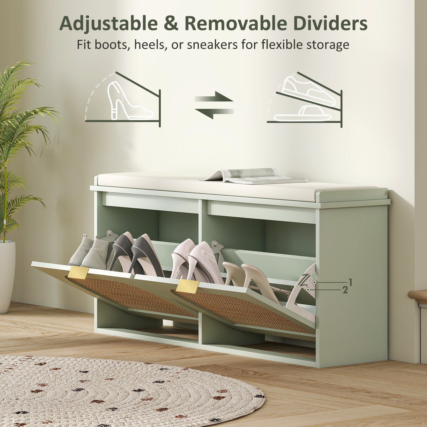 Rika Wooden Light Green Boho Style Shoe Bench With Cushioned Seat And 2 Flip Drawers