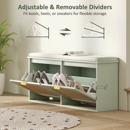 Rika Wooden Light Green Boho Style Shoe Bench With Cushioned Seat And 2 Flip Drawers