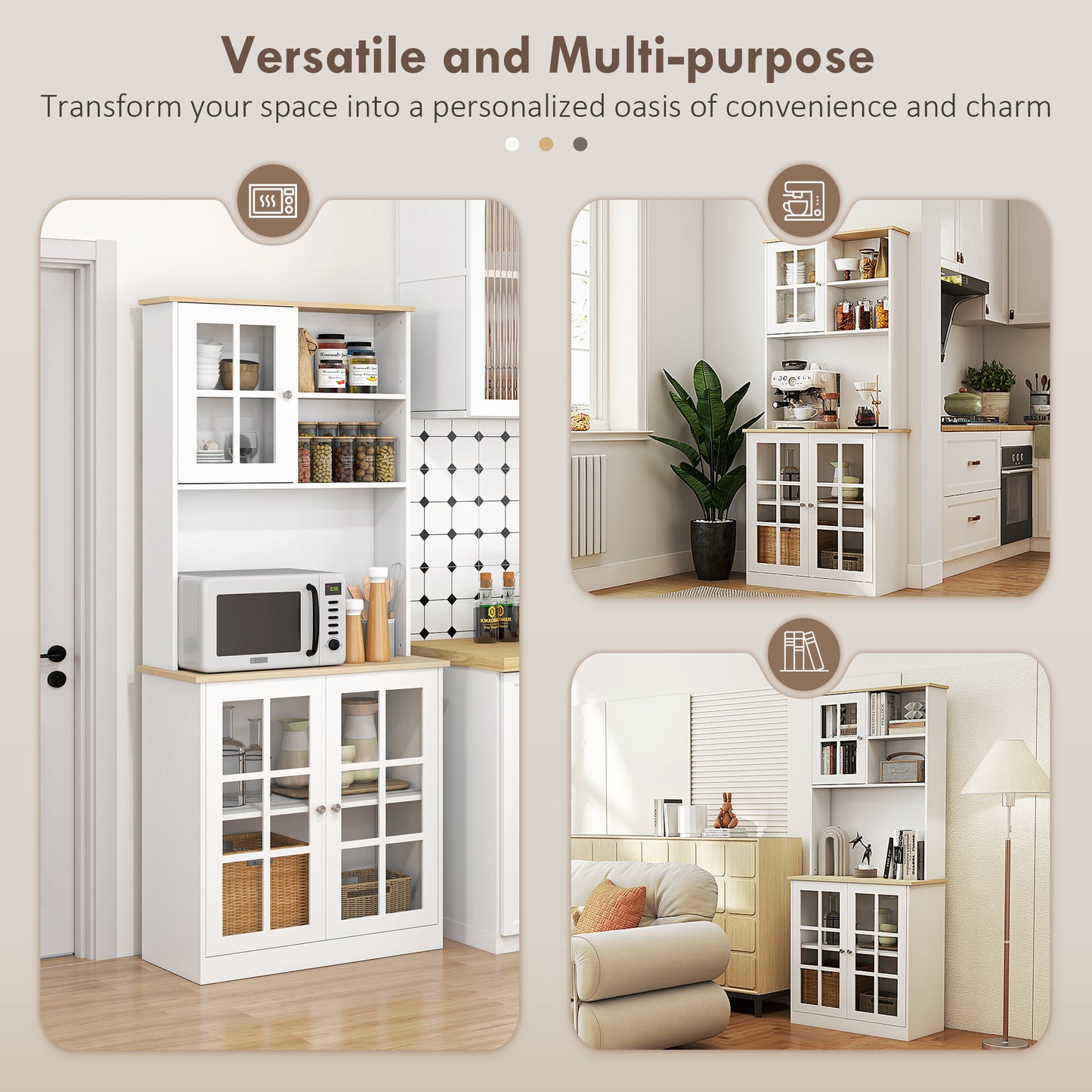 Somire Wooden White Kitchen Storage Cabinet With Glass Doors Countertop And Adjustable Shelves