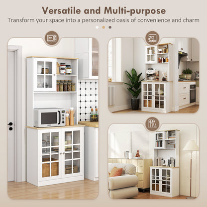 Somire Wooden White Kitchen Storage Cabinet With Glass Doors Countertop And Adjustable Shelves