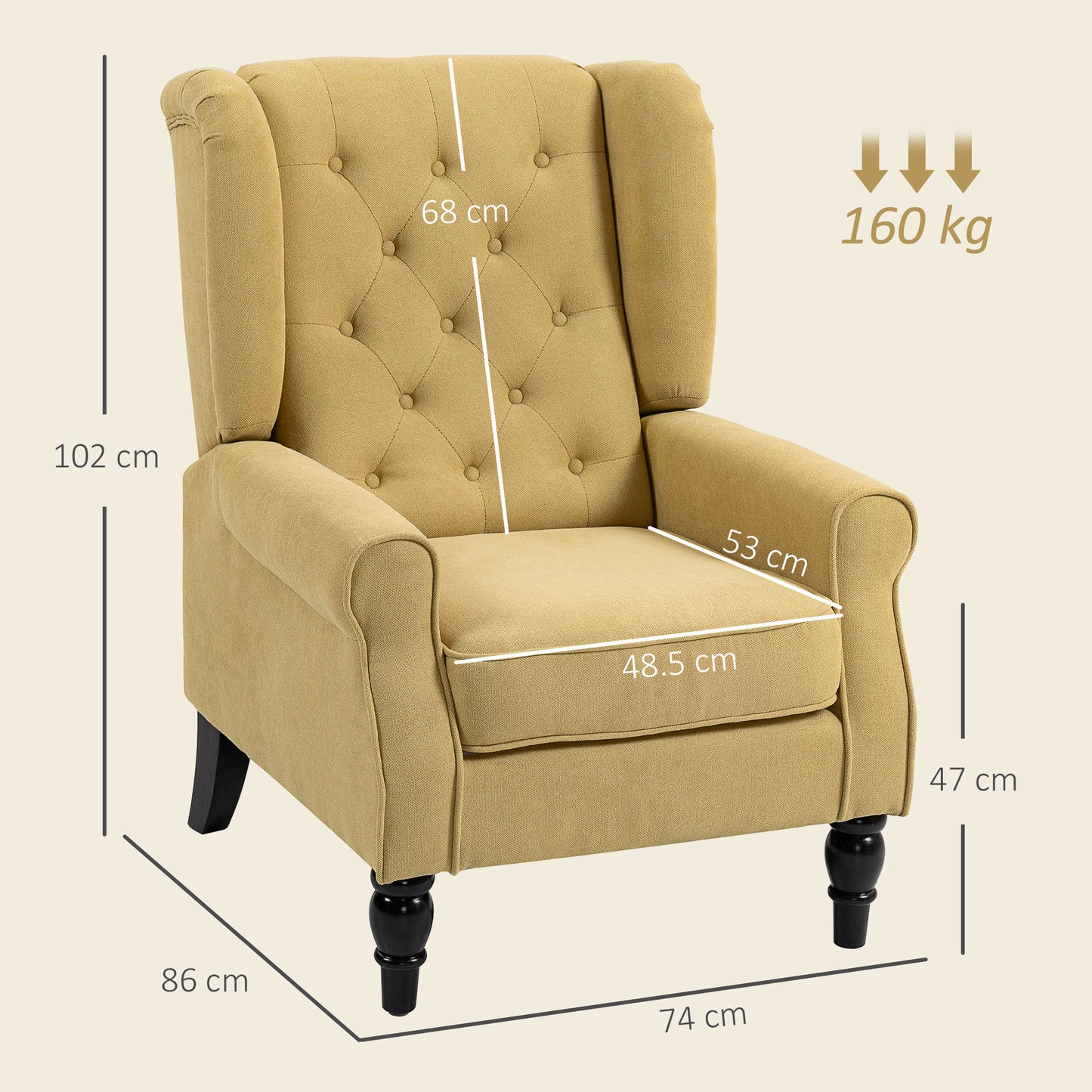 Luyo Light Yellow Retro Wingback Accent Armchair With Button Tufted Upholstery