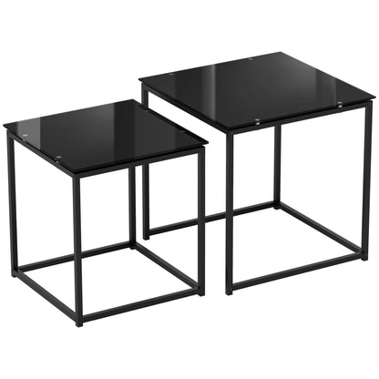 Raviccu Metal And Glass Black Set Of 2 Nesting Coffee Tables With TemFauxred Glass Tops