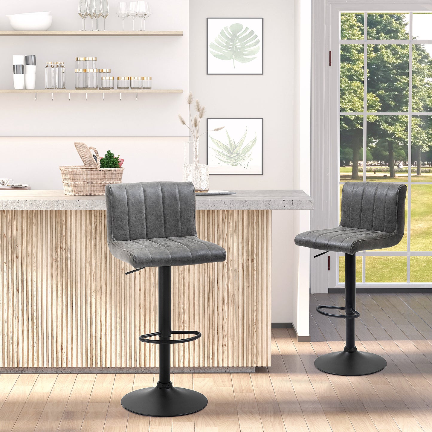 Ralava Set Of 2 Faux Leather Grey Adjustable Swivel Bar Stools With Footrests
