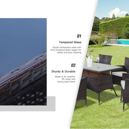 Dine Rattan Brown 6 Seater Outdoor Dining Set With Cushioned Armchairs And Rectangular Glass Table