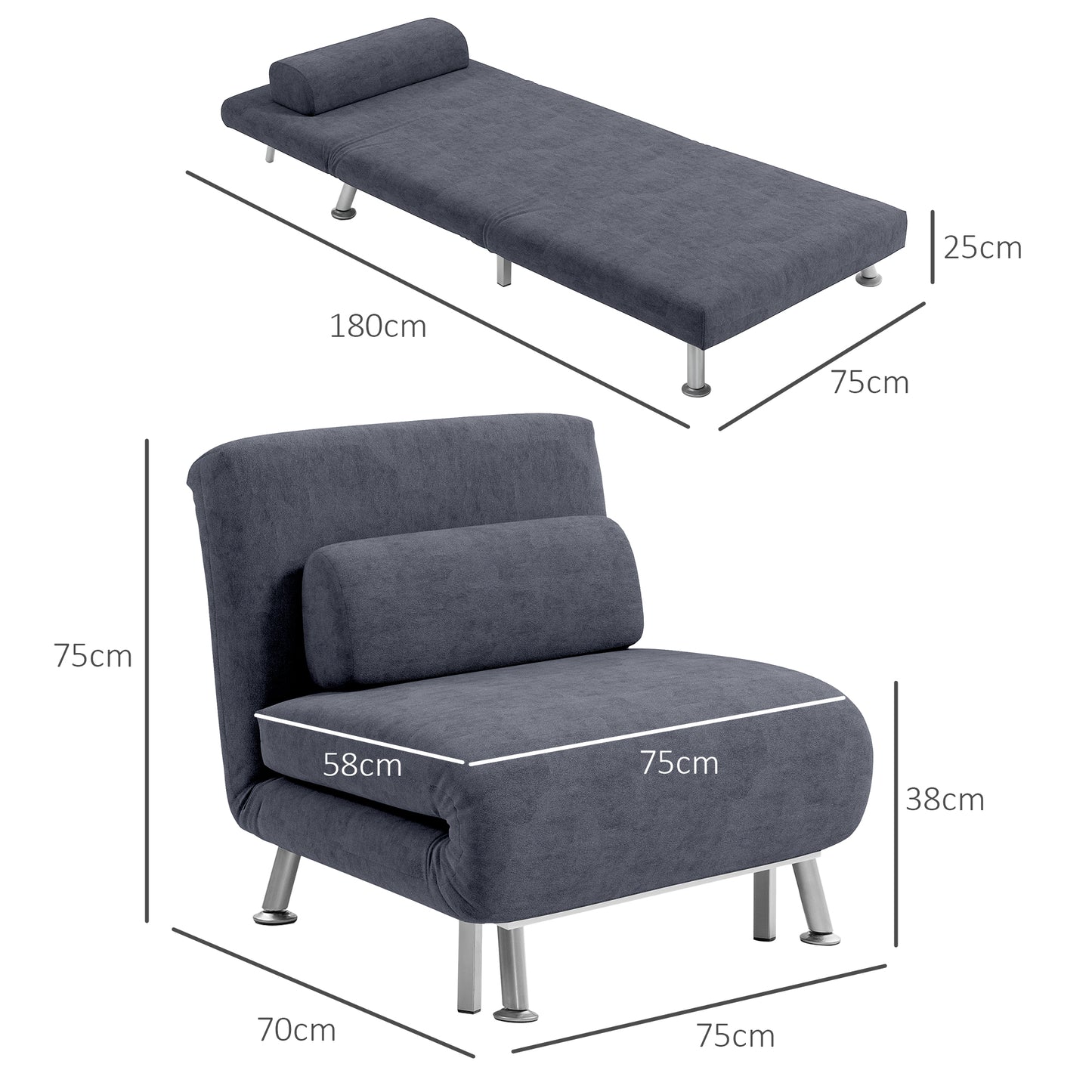 Tomi Safi Charcoal Grey Velvet Single Sleeper Chair