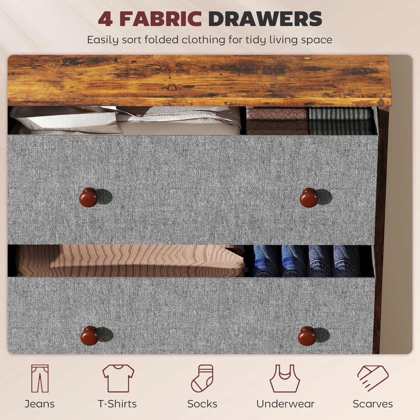 Sovise Fabric And Wood Grey And Rustic Brown 4 Drawer Storage Dresser