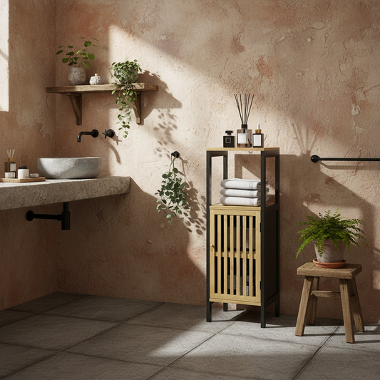 Lettari Retro Bamboo Style Bathroom Storage Cabinet With Cut Out Detail
