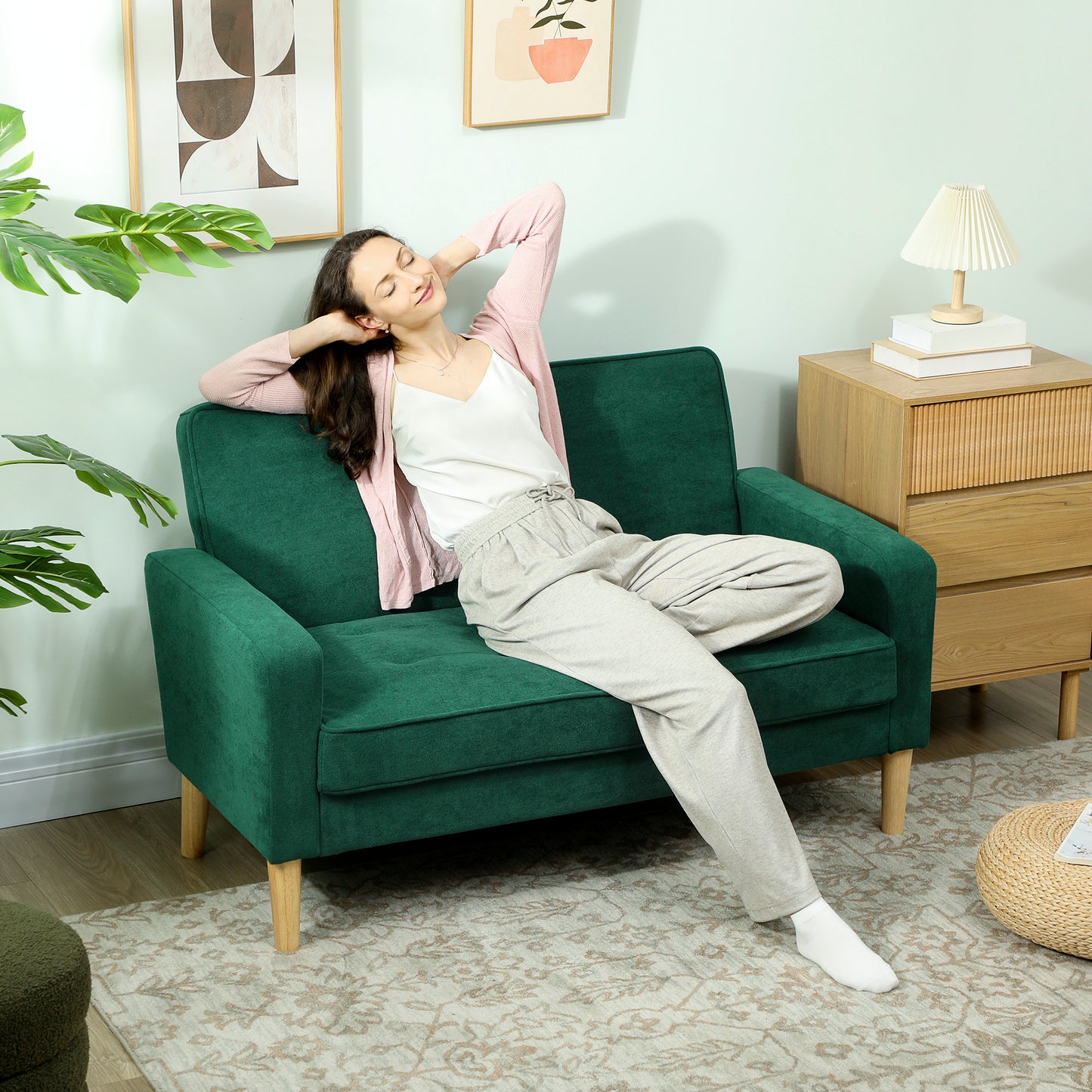Neraro Forest Green Velvet Upholstered 2 Seater Sofa Natural Wooden Legs