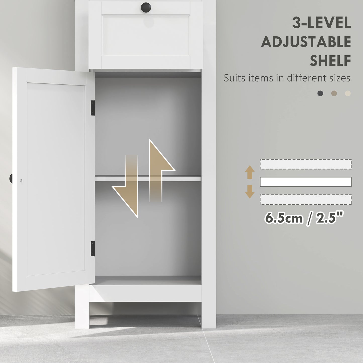 Ralo Tall Slim Bathroom Storage Cabinet With OFauxn Shelves Drawer And Soft Close Door White