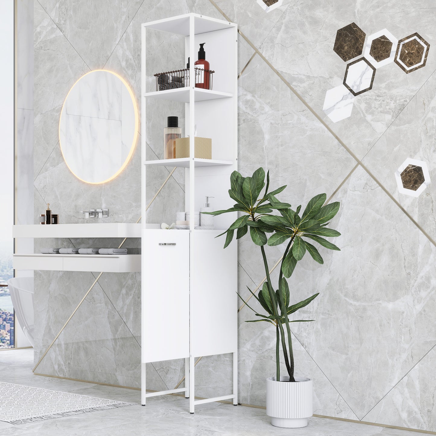 Neliha Tall Bathroom Storage Cabinet With OFauxn Shelves And Adjustable Interior White