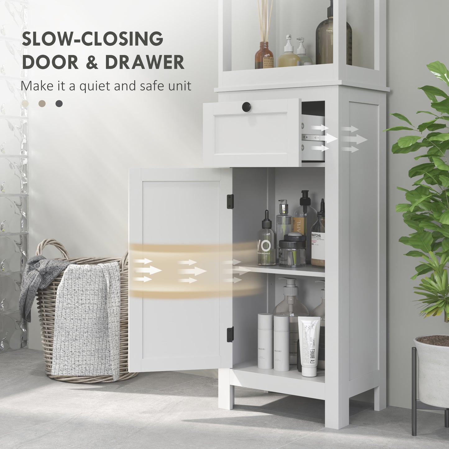 Ralo Tall Slim Bathroom Storage Cabinet With OFauxn Shelves Drawer And Soft Close Door White