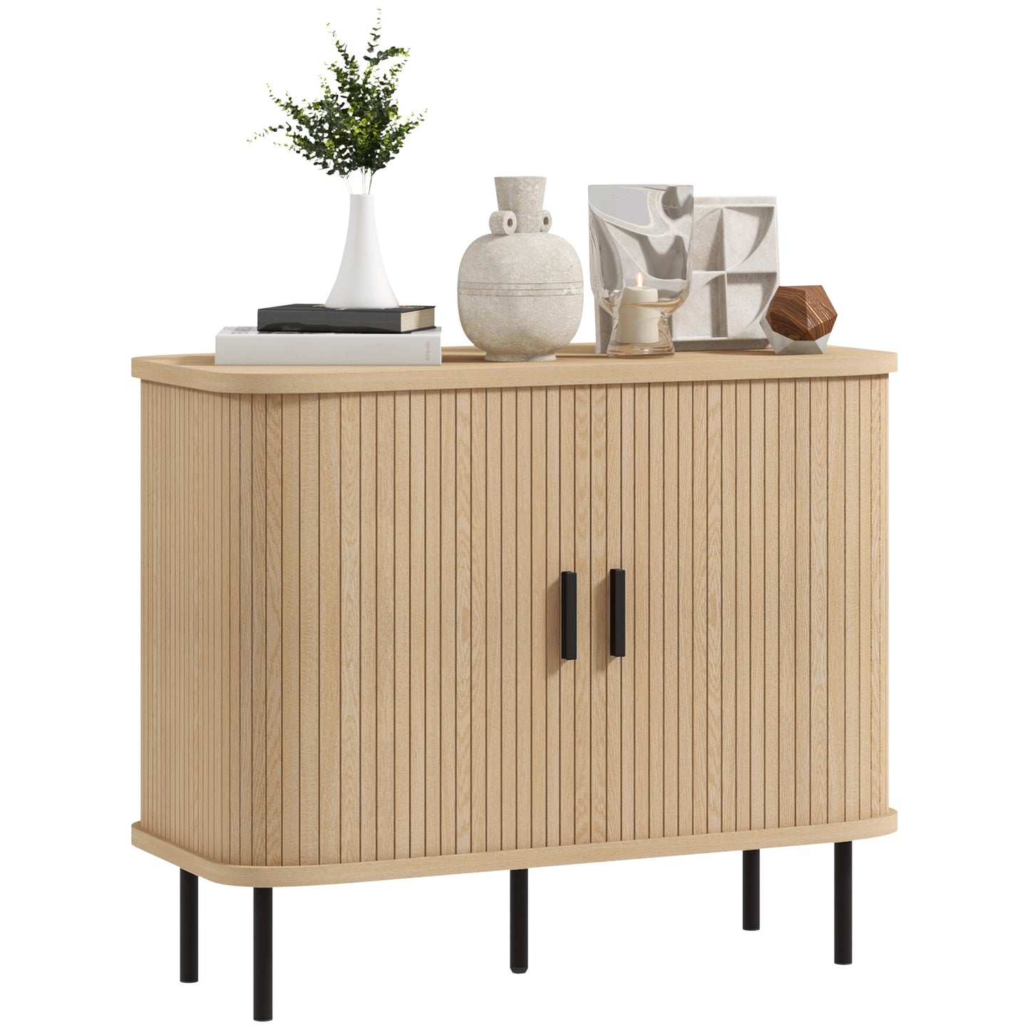 Ronoke Natural Oak Effect Mid Century Sideboard Slatted Sliding Doors Black Metal Legs