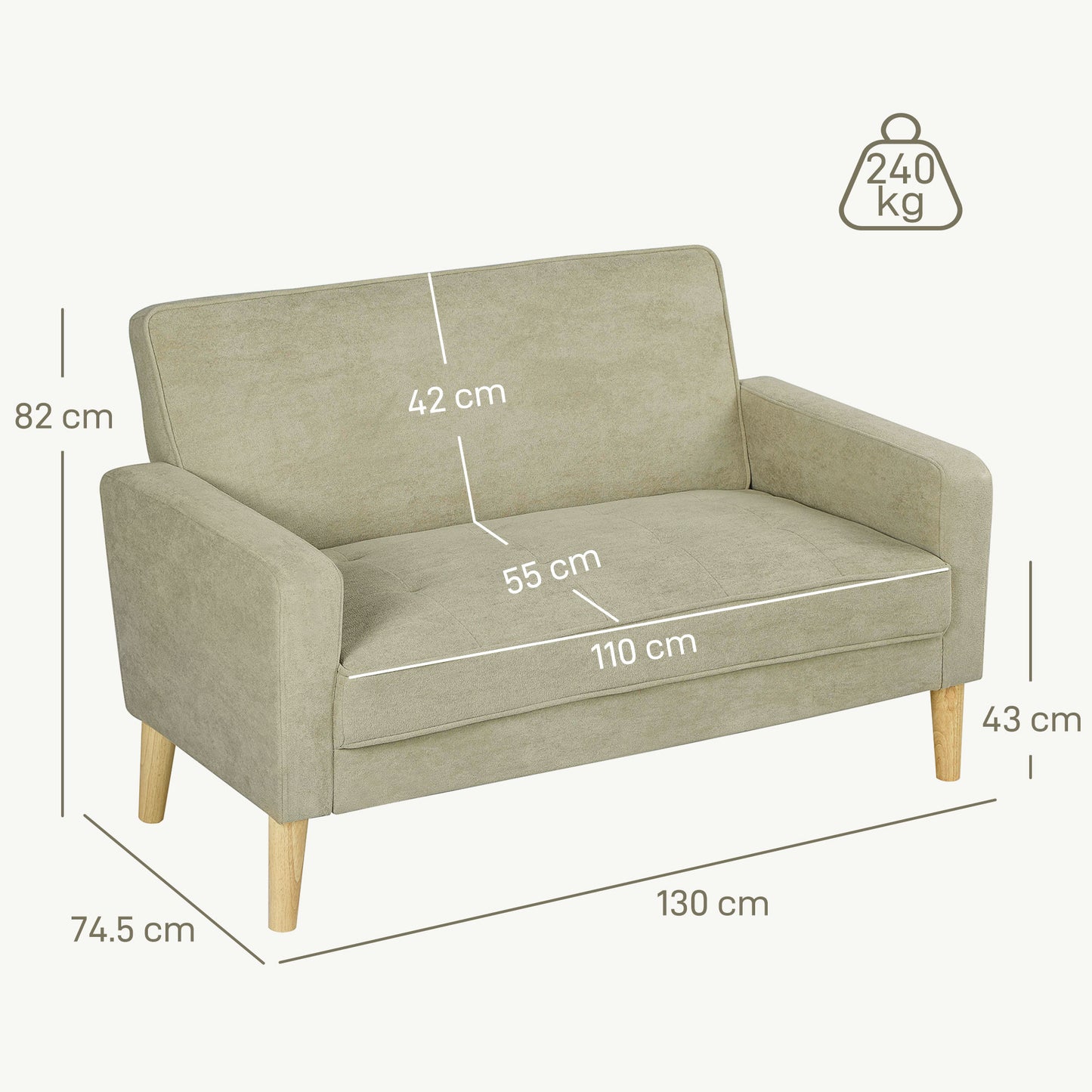 Vikava Beige Velvet Upholstered 2 Seater Sofa Natural Wooden Legs