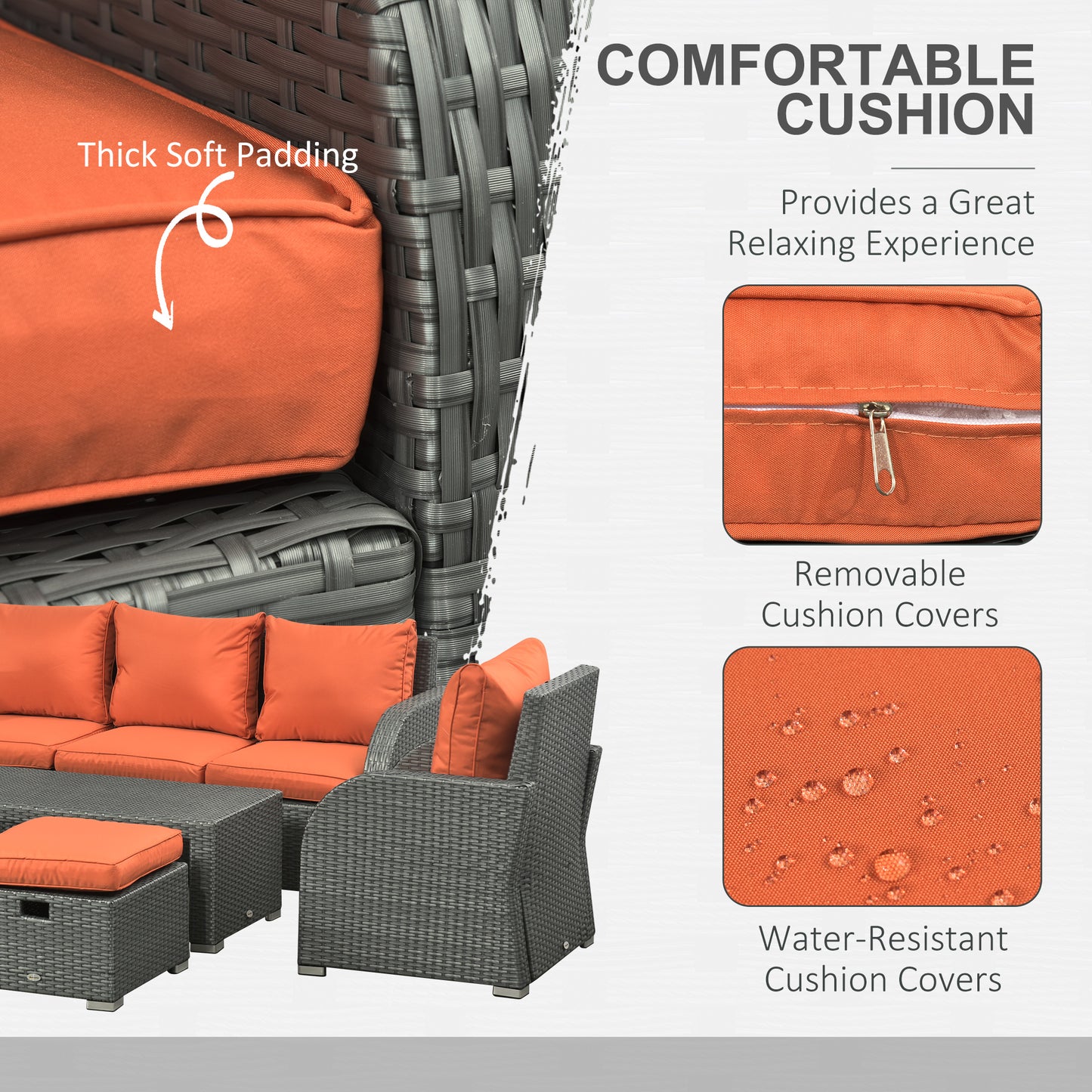 Lerami Rattan Orange 7 Seater Outdoor Garden Furniture Set Sofa Reclining Armchairs and Footstool