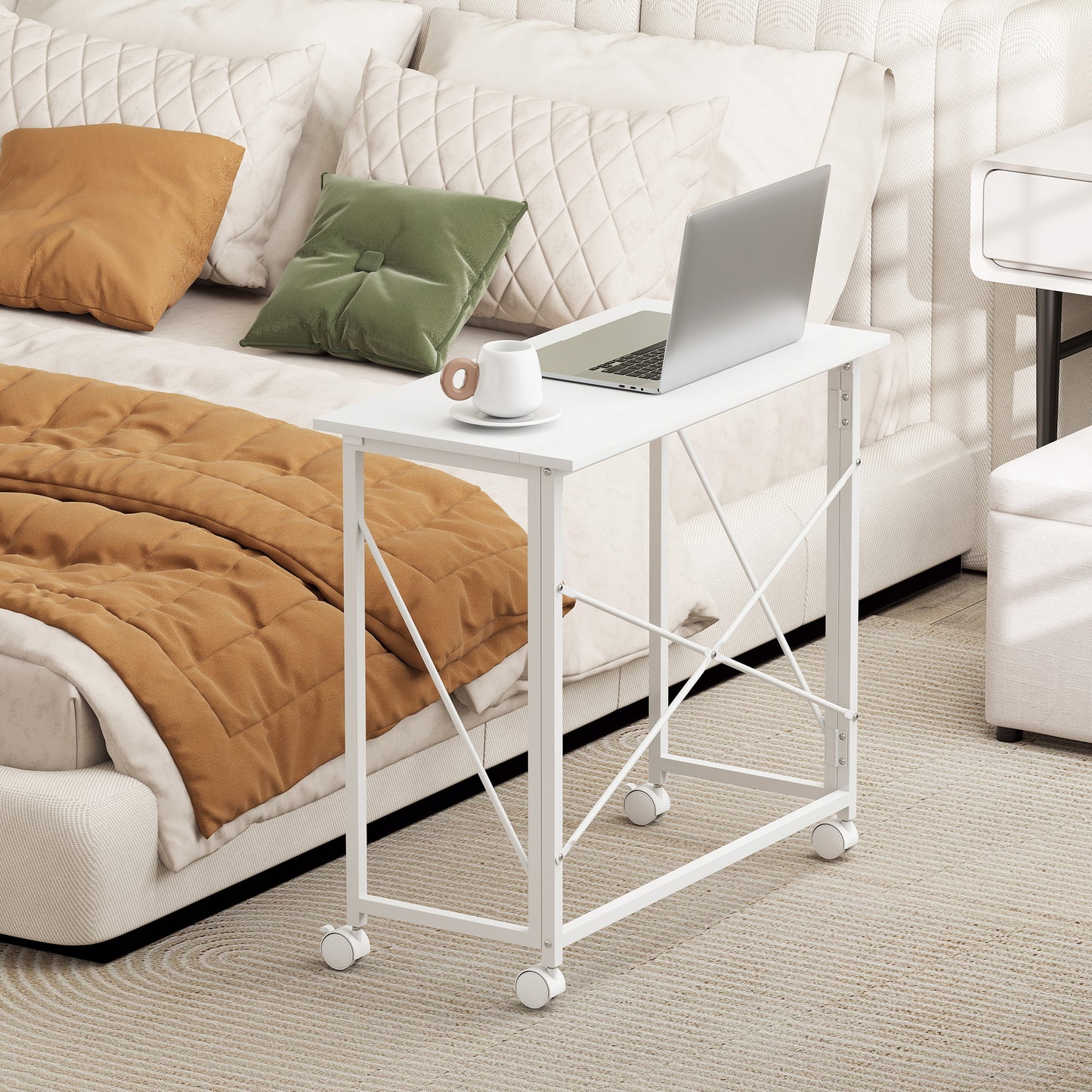 Romira 80cm Metal White Folding Desk Lockable Wheels