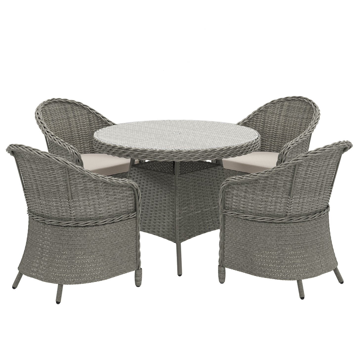 Sepa Rattan Grey 4 Seater Outdoor Dining Set With Cushions And Glass Top Table With Parasol Hole