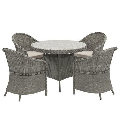 Sepa Rattan Grey 4 Seater Outdoor Dining Set With Cushions And Glass Top Table With Parasol Hole