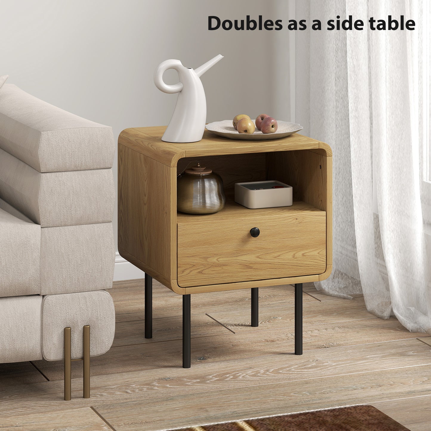 Move Lalo Oak Finish Wooden Bedside Table With Drawer And Open Shelf Storage