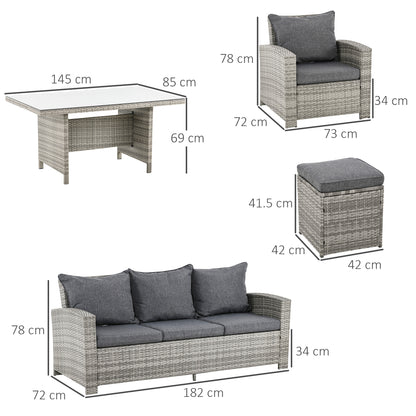 Vire Light Grey Rattan 7 Seater Outdoor Dining Set With Armchairs Footstools Glass Table And Cushions
