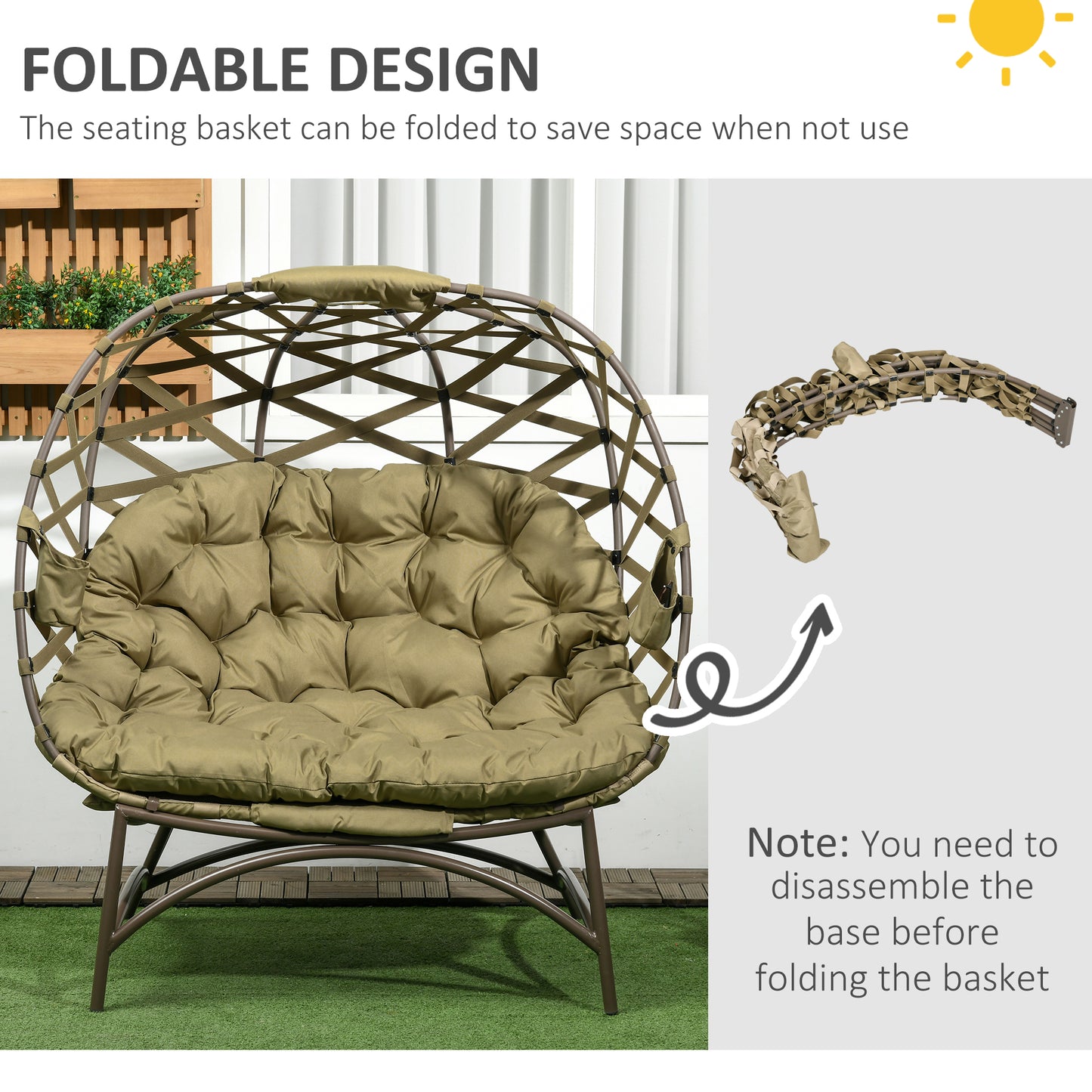 Vere Woven Rattan Khaki 2 Seater Folding Egg Chair With Cushions And Cup Holders
