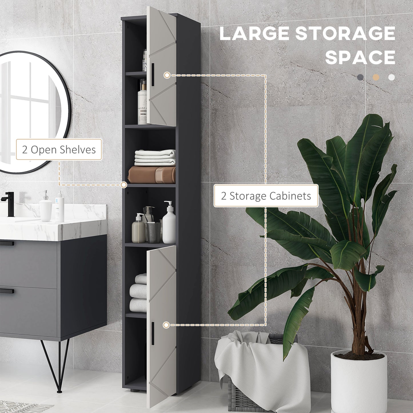 Nomalo Tall Minimalist Bathroom Storage Cabinet With Line Embossed Front And Adjustable Shelves Grey