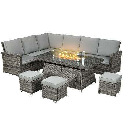 Virire Faux Rattan Grey 9 Seater Garden Sofa Set With Integrated Fire Pit Table