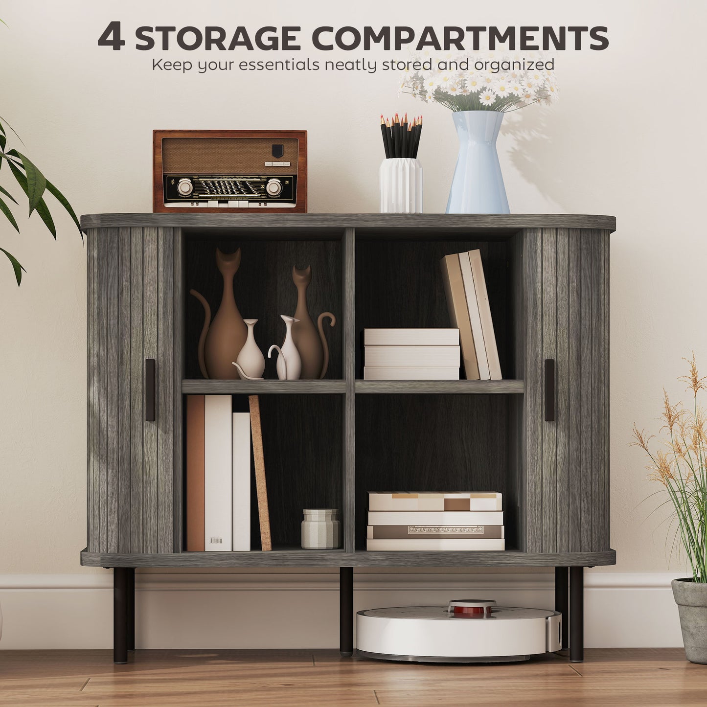 Tayoyo Grey Mid Century Sideboard With Slatted Sliding Doors And Steel Legs