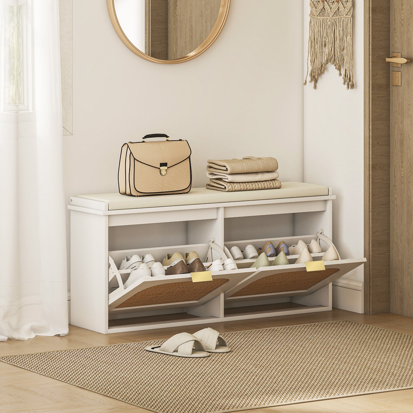 Hano Wooden White Boho Style Shoe Bench With Cushioned Seat And 2 Flip Drawers
