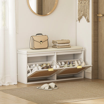 Hano Wooden White Boho Style Shoe Bench With Cushioned Seat And 2 Flip Drawers
