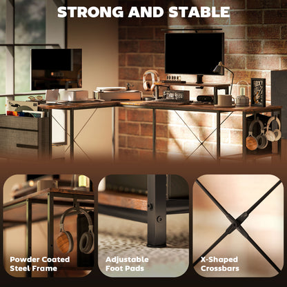 Lesano 168cm Rustic Brow Reversible Industrial L Shaped Desk With Adjustable Shelves And Monitor Stand
