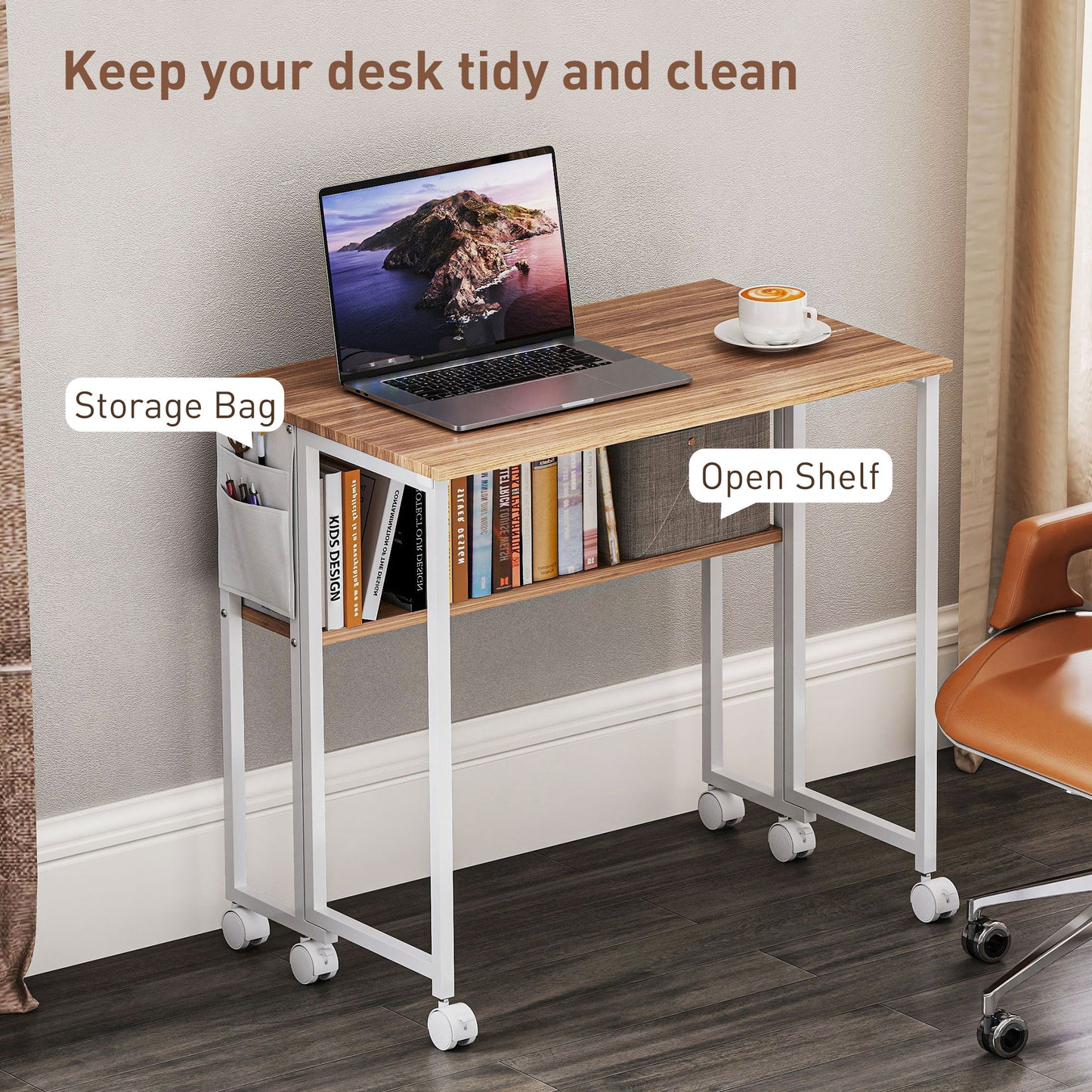 Zika 80cm Wooden Natural Drop Leaf Writing Desk with Lockable Wheels