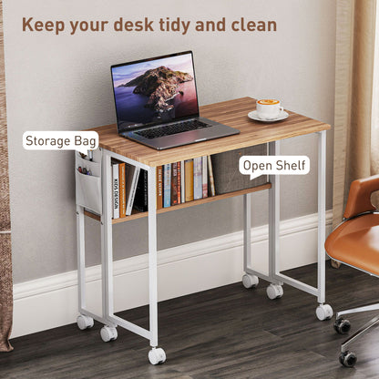 Zika 80cm Wooden Natural Drop Leaf Writing Desk with Lockable Wheels