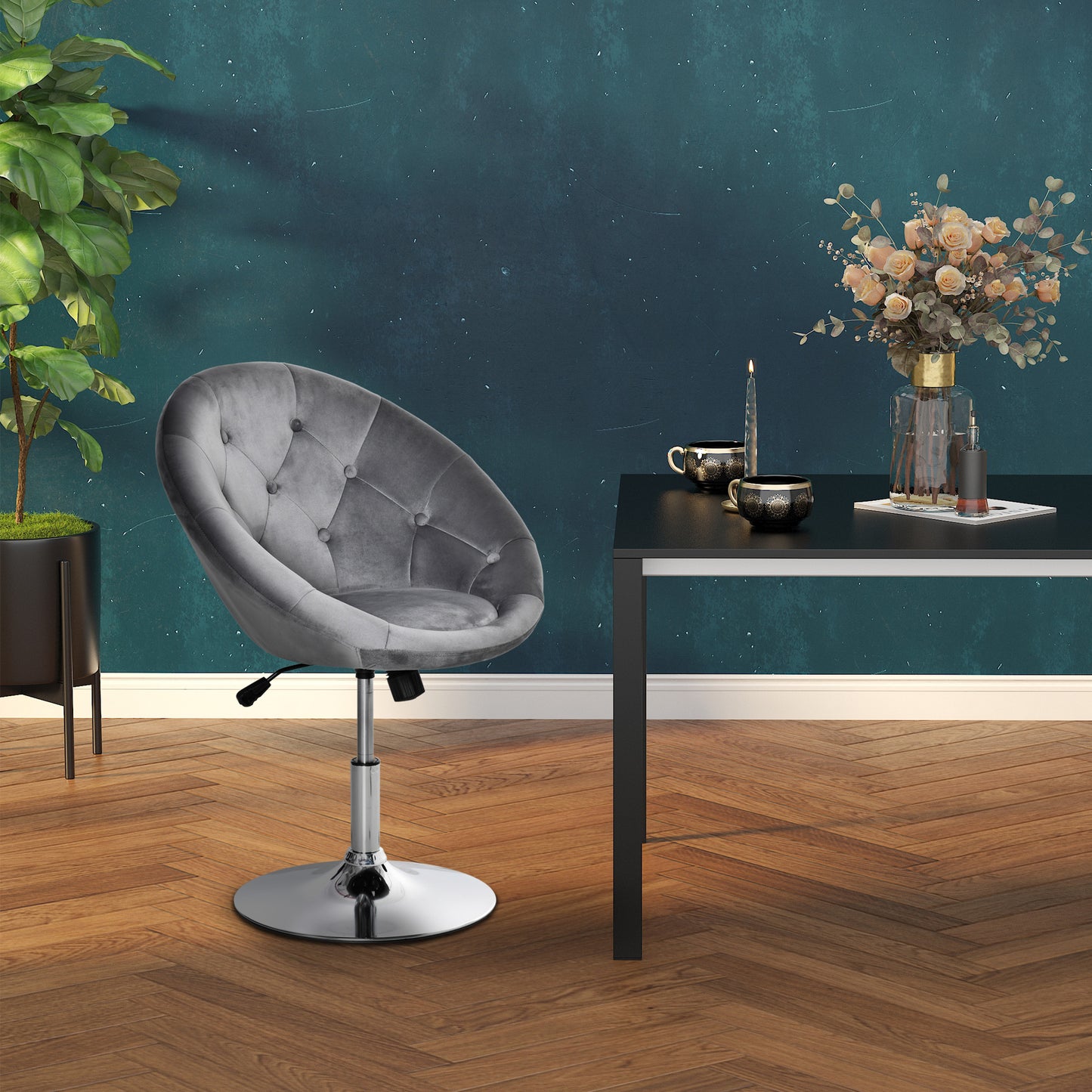 Vefi Fabric Grey Adjustable Velvet Vanity Stool With Tufted Seat And Swivel Base