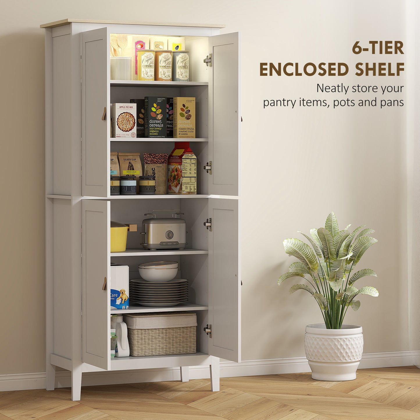 Kaha Wooden White Tall Pantry Cabinet With Motion Sensor LED Lighting 176.5 cm