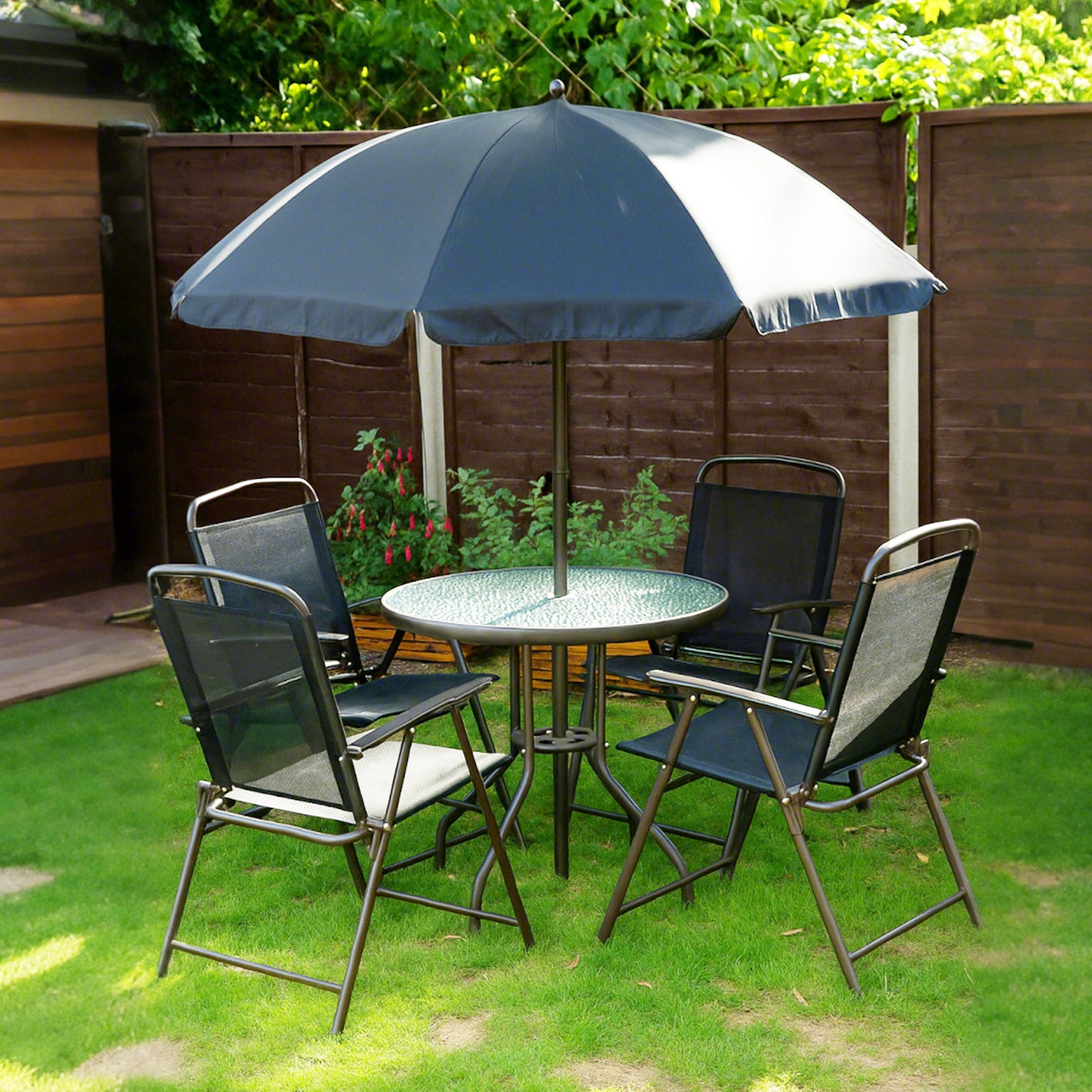 Jattare 4 Seater Metal and Mesh Black Garden Dining Set With Parasol Folding Chairs And Glass Table