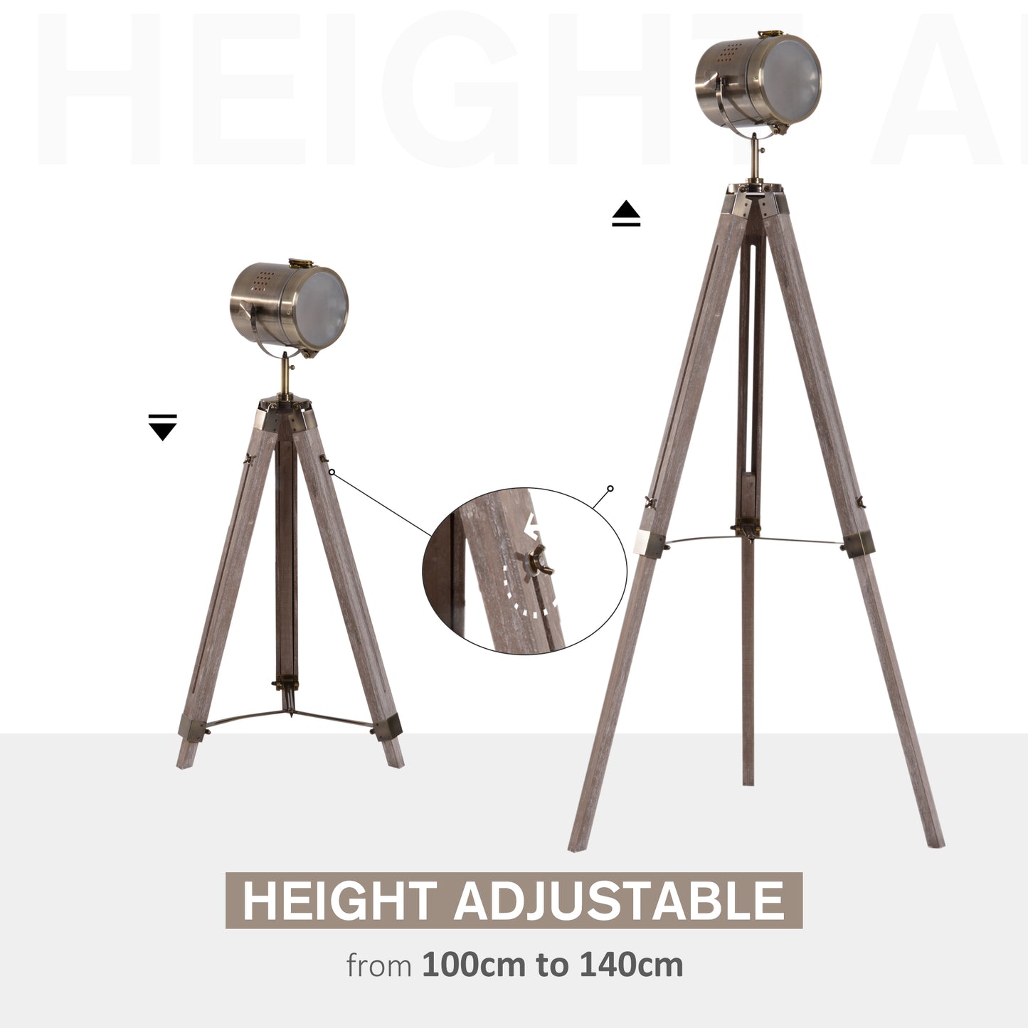 Sosureyo Wood And Metal Grey And Bronze Industrial Tripod Floor Lamp With Adjustable