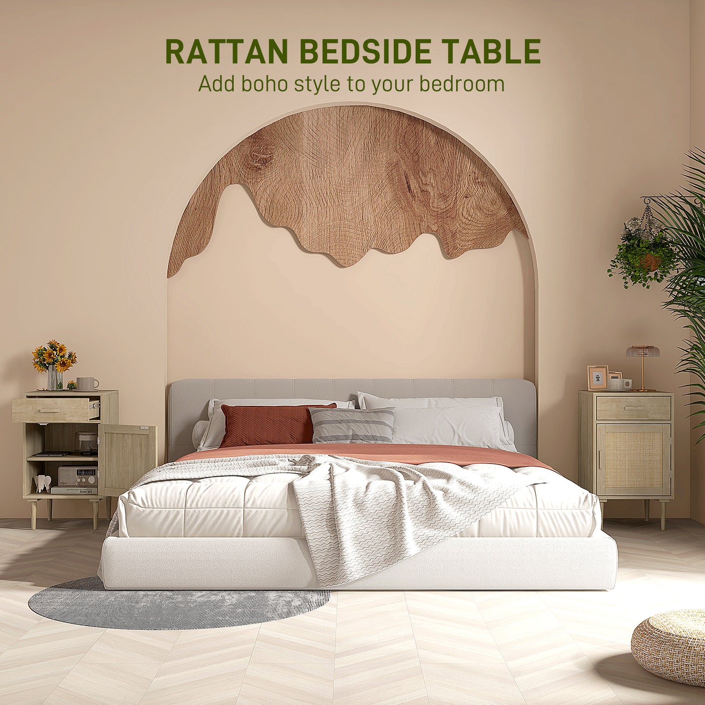 Basose Natural Wood Effect Rattan Bedside Table With Drawer And Door