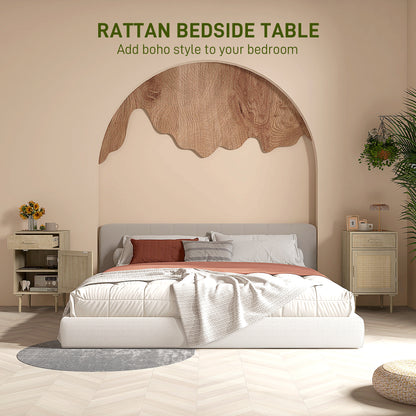 Basose Natural Wood Effect Rattan Bedside Table With Drawer And Door