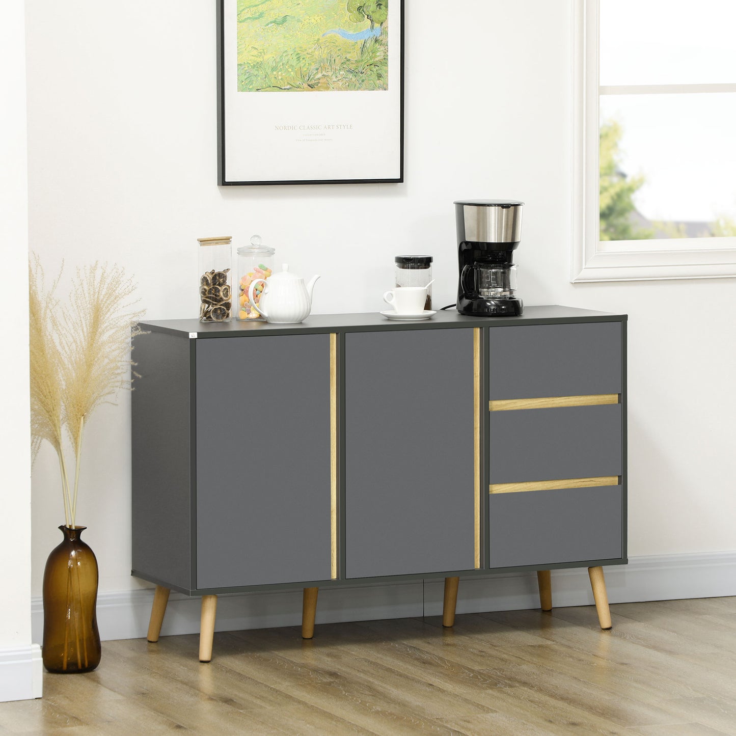 Sola Vela Dark Grey Sideboard Double Doors 3 Drawers And Shelves
