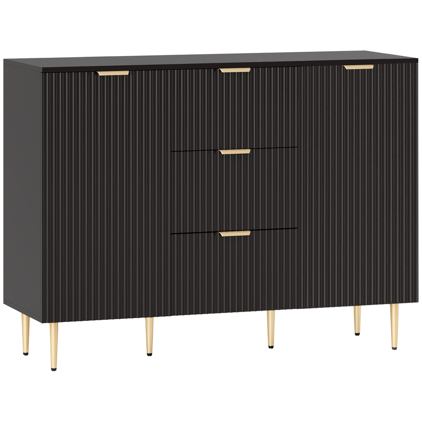 Surara Baro Black Ribbed 2 Door Sideboard 3 Drawers 2 Shelves Gold Accents