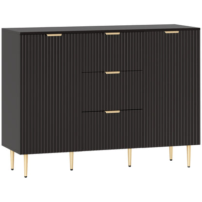 Surara Baro Black Ribbed 2 Door Sideboard 3 Drawers 2 Shelves Gold Accents