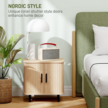 Ritava Natural Oak Tambour Bedside Table 2 Sliding Doors Black Metal Legs