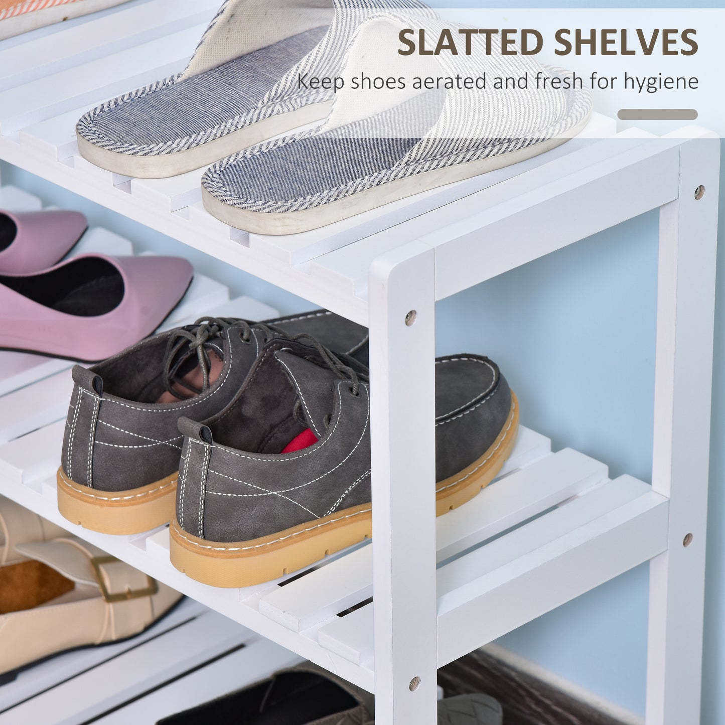 Vafino Wooden White 3 Tier Slatted Shoe Rack With Slatted Shelves
