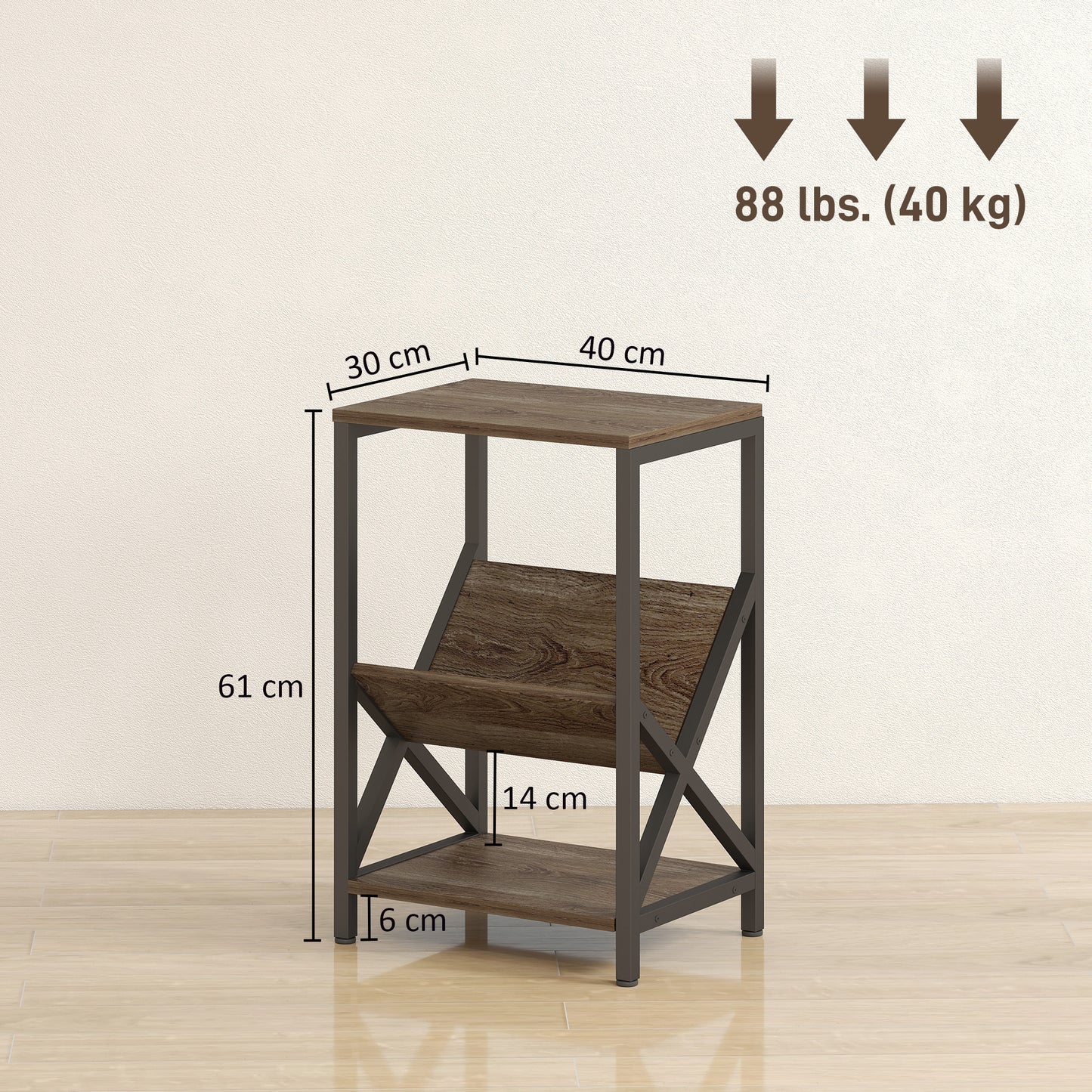 Elfi Nere Wooden Oak Narrow Side Table With 3 Tier Storage and V Shaped Magazine Holder 40 x 30 x 61 cm
