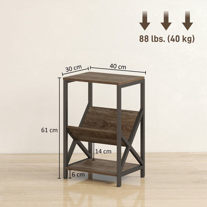 Elfi Nere Wooden Oak Narrow Side Table With 3 Tier Storage and V Shaped Magazine Holder 40 x 30 x 61 cm