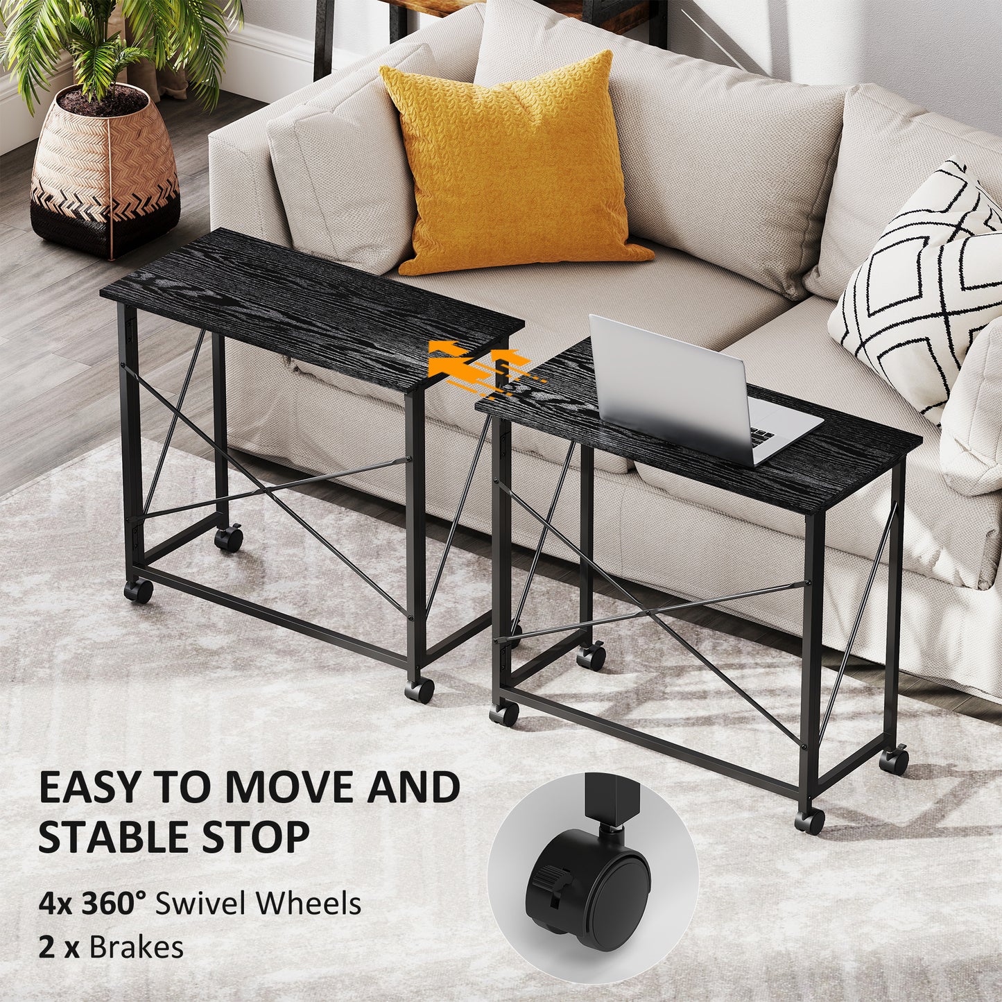 Ziyozi 80cm Metal and Wood Black Folding Desk On Lockable Wheels
