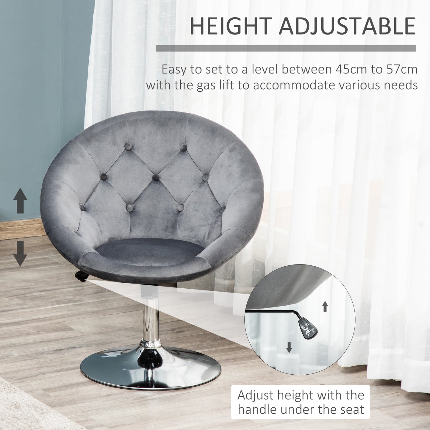 Vefi Fabric Grey Adjustable Velvet Vanity Stool With Tufted Seat And Swivel Base