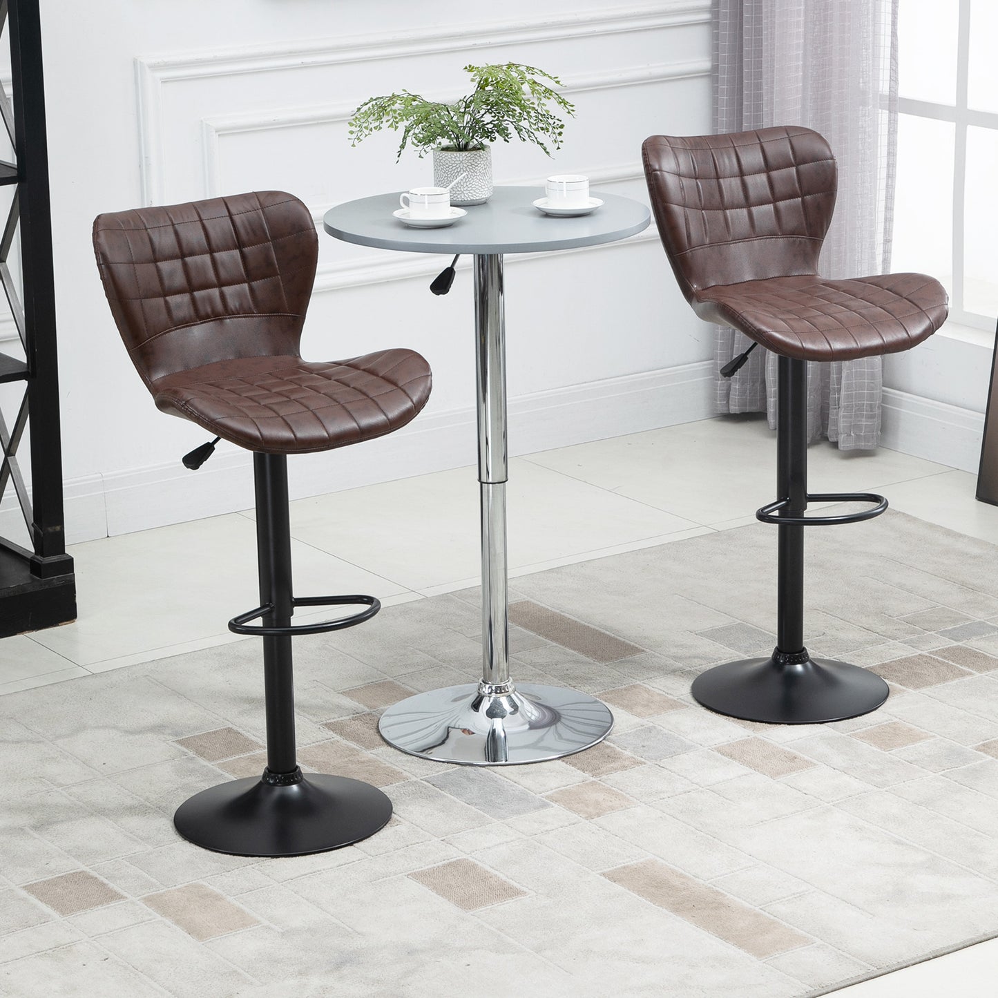 Setora Set Of 2 Faux Leather Brown Adjustable Bar Chairs With Backrest And Footrest
