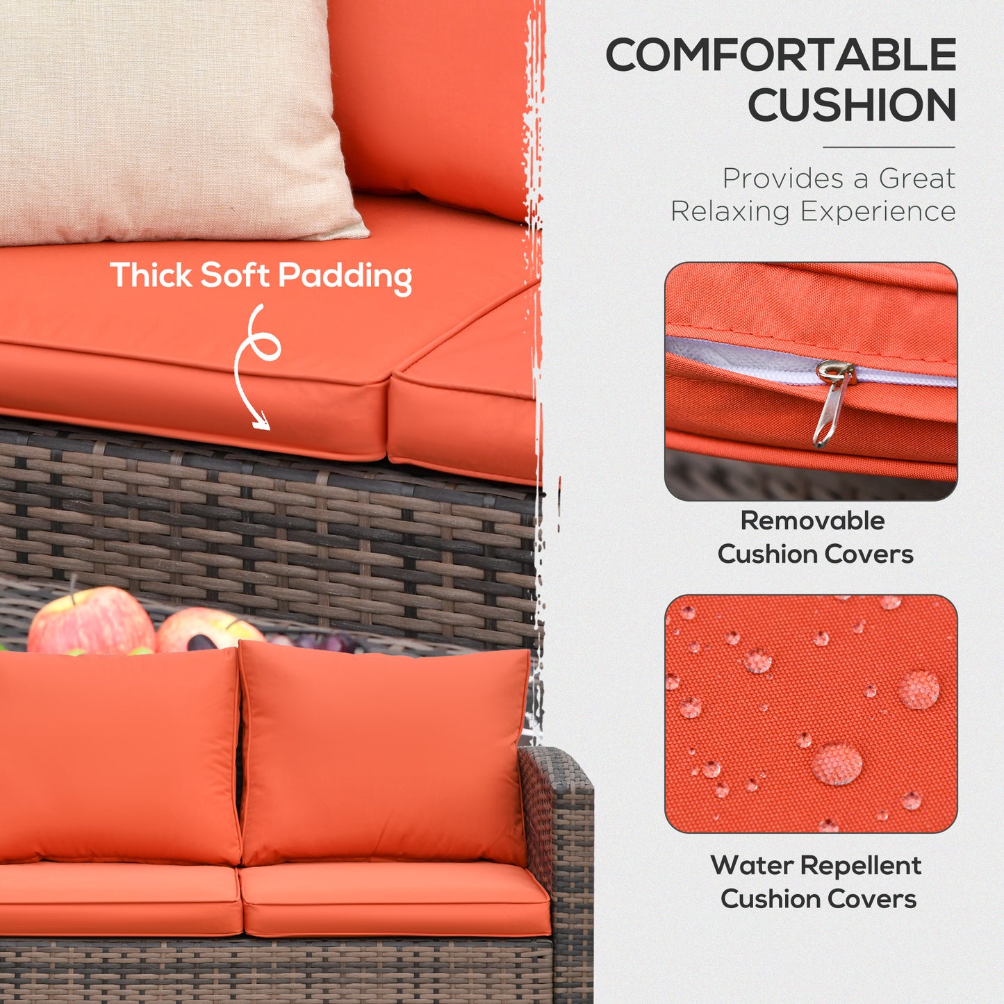 Toleli Brown Rattan Orange Cushions 7 Seater Outdoor Sofa Set With Storage Tables